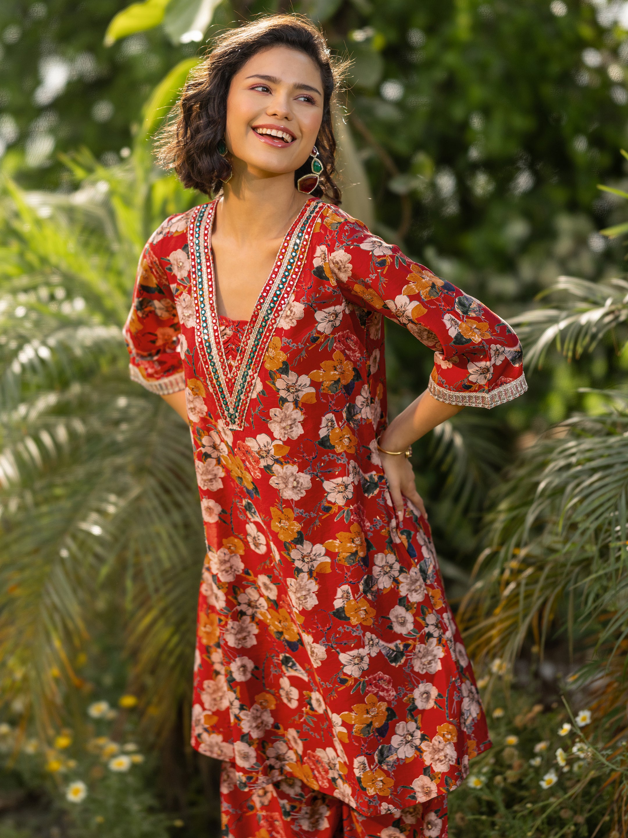 Red Printed Silk Blend Co-Ords-image-42