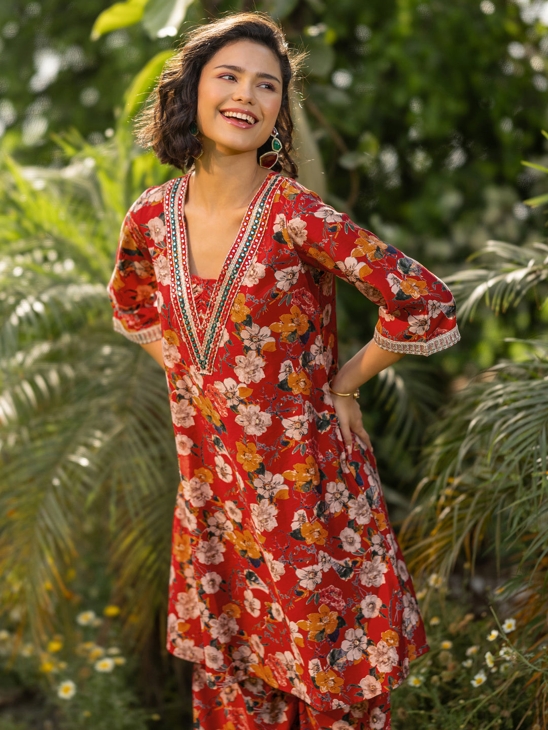 Red Printed Silk Blend Co-Ords