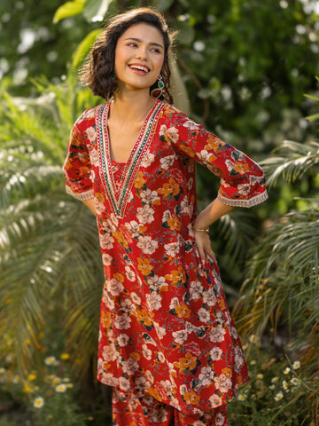 Red Printed Silk Blend Co-Ords