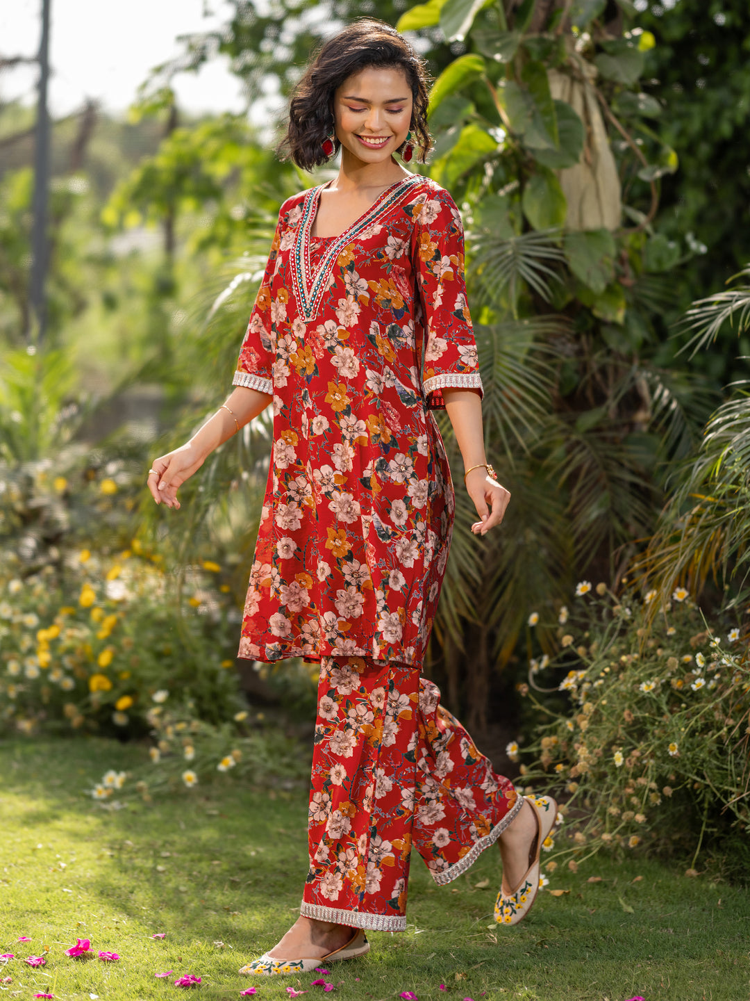  Red Printed Silk Blend Co-Ords 