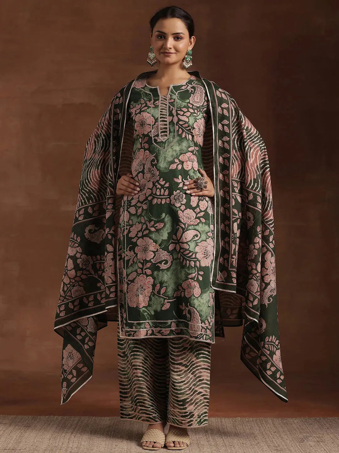  Green Printed Cotton Straight Suit With Dupatta 