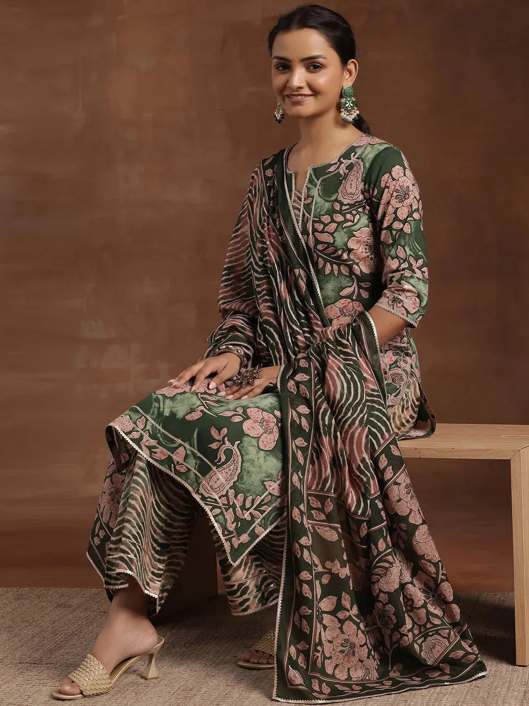  Green Printed Cotton Straight Suit With Dupatta 