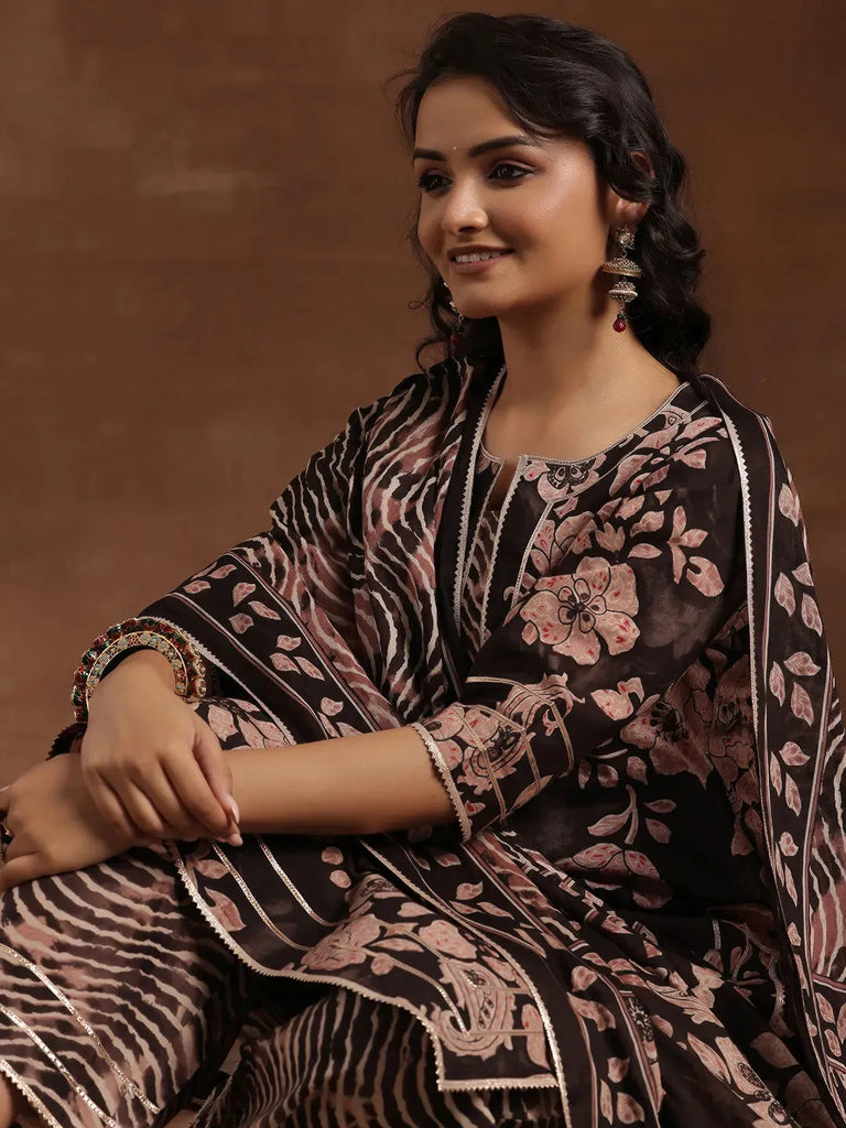 Libas Black Printed Cotton Straight Suit With Dupatta