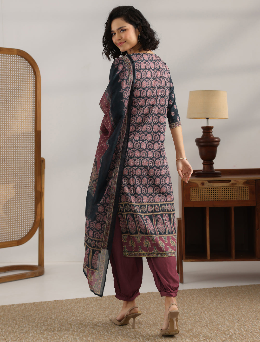  Black Printed Crepe Straight Suit With Dupatta 