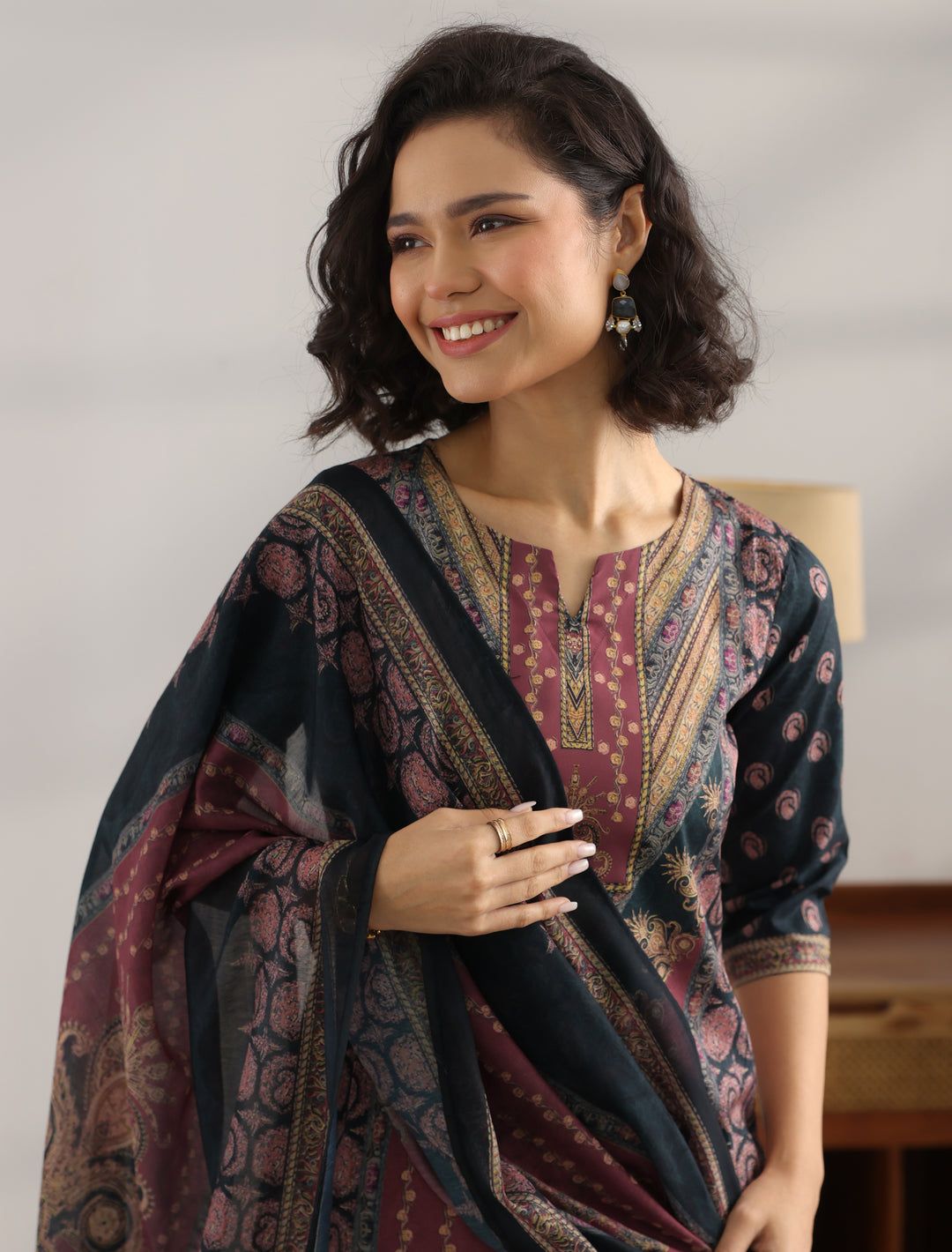  Black Printed Crepe Straight Suit With Dupatta 