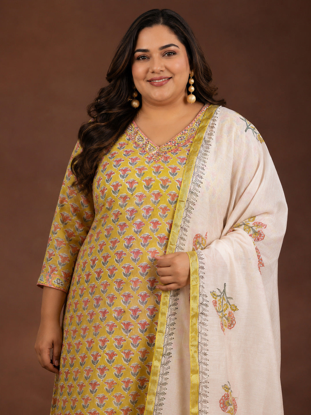  Plus Size Yellow Printed Cotton Straight Suit With Dupatta 