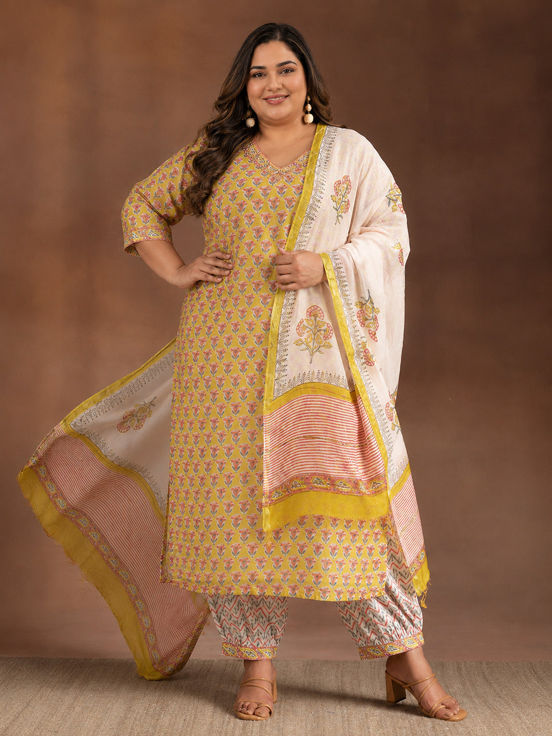  Plus Size Yellow Printed Cotton Straight Suit With Dupatta 