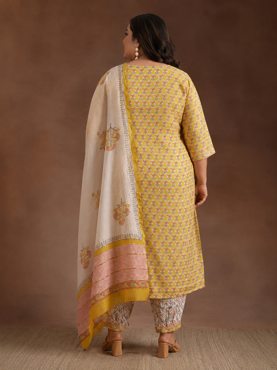  Plus Size Yellow Printed Cotton Straight Suit With Dupatta 