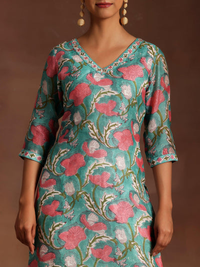 Turquoise Printed Cotton Straight Suit With Dupatta - Libas
