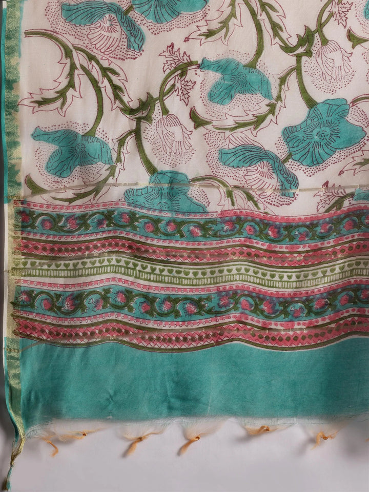 Turquoise Printed Cotton Straight Suit With Dupatta - Libas