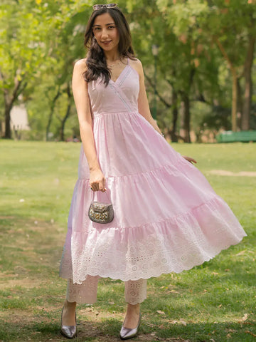 Pink Self Design Cotton Anarkali Kurta With Trousers