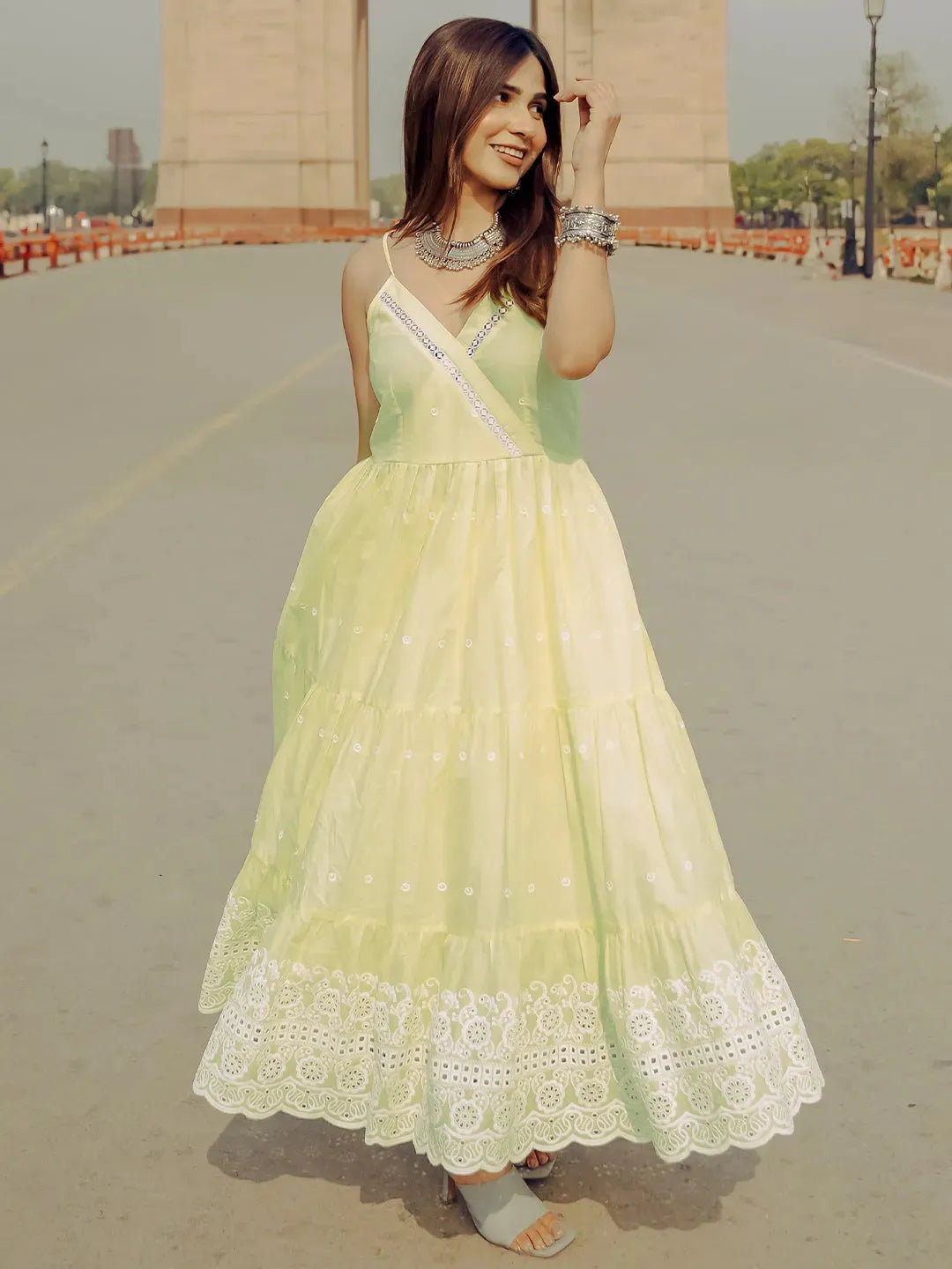  The Kiara Cut Yellow Self Design Cotton Anarkali Kurta With Trousers 