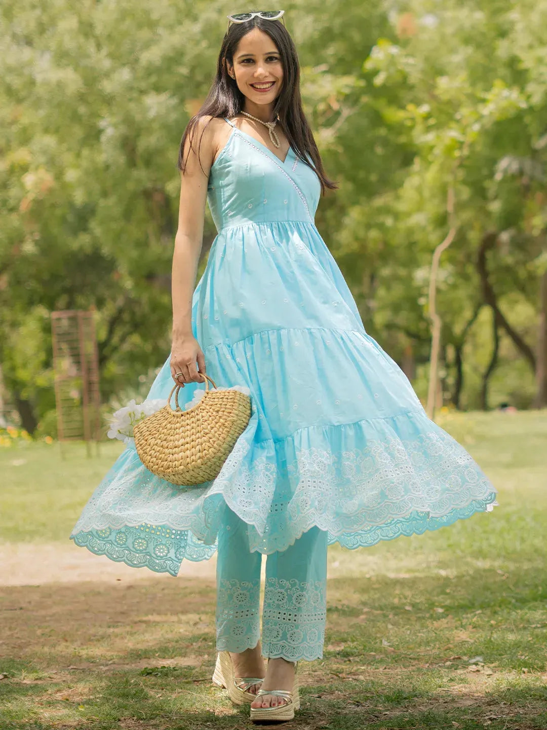 libas Blue Self Design Cotton Anarkali Kurta With Trousers-picture-55