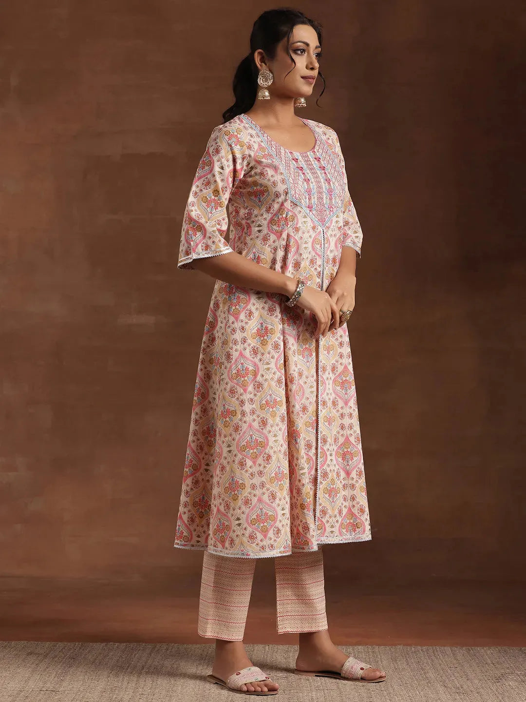  Beige Printed Cotton A-Line Kurta With Palazzos & Dupatta 