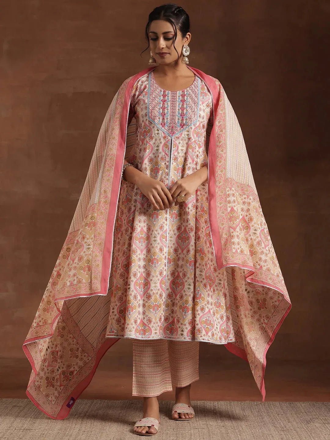  Beige Printed Cotton A-Line Kurta With Palazzos & Dupatta 