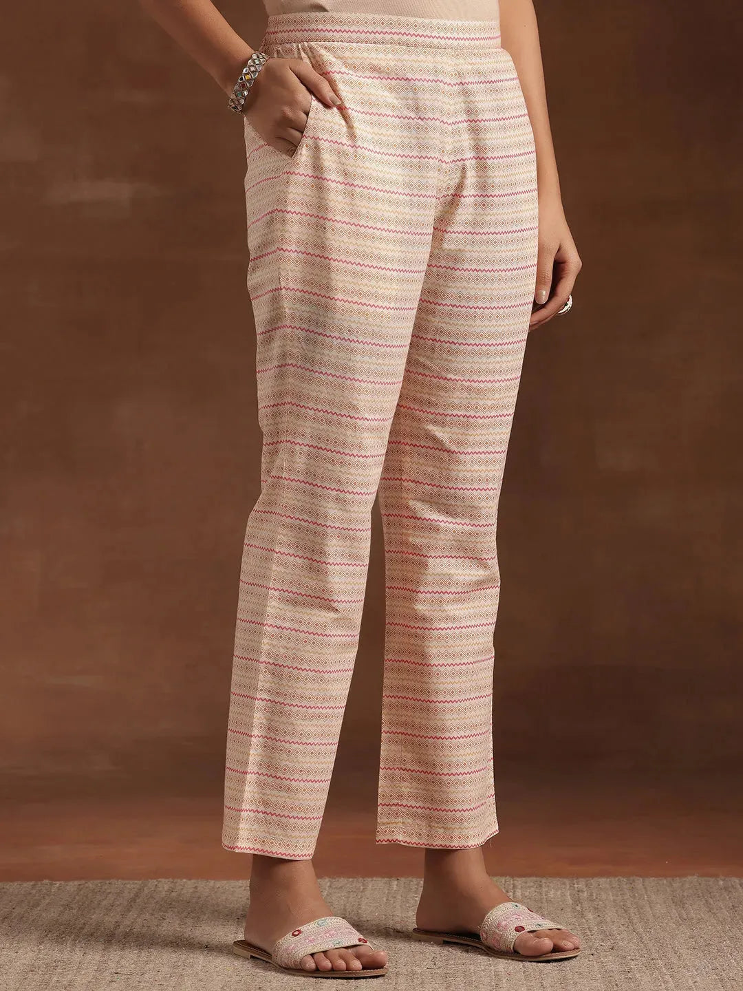  Beige Printed Cotton A-Line Kurta With Palazzos & Dupatta 