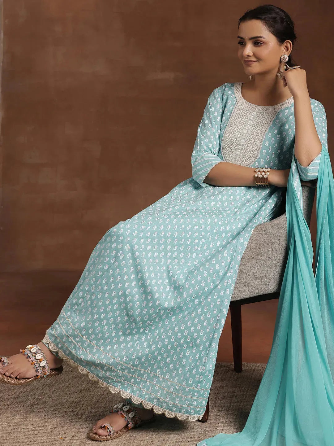 Blue Printed Cotton A-Line Kurta With Churidar & Dupatta-image-34