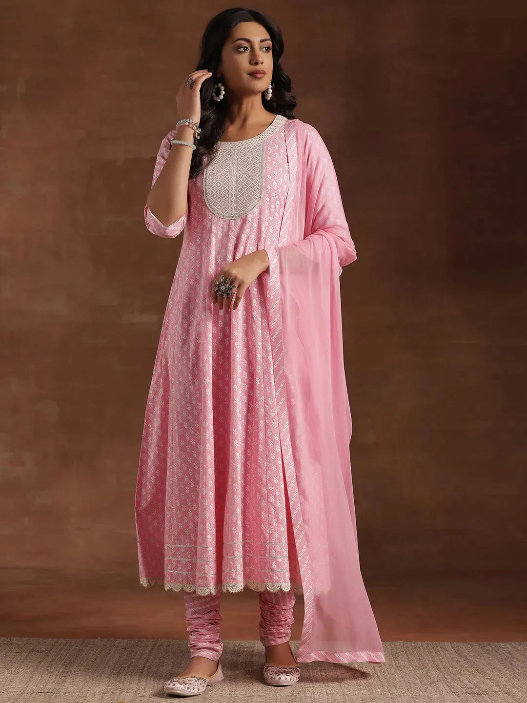  Pink Printed Cotton A-Line Kurta With Churidar & Dupatta 