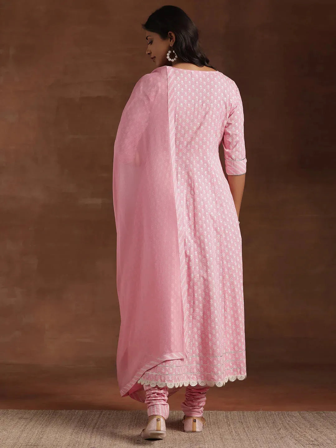  Pink Printed Cotton A-Line Kurta With Churidar & Dupatta 