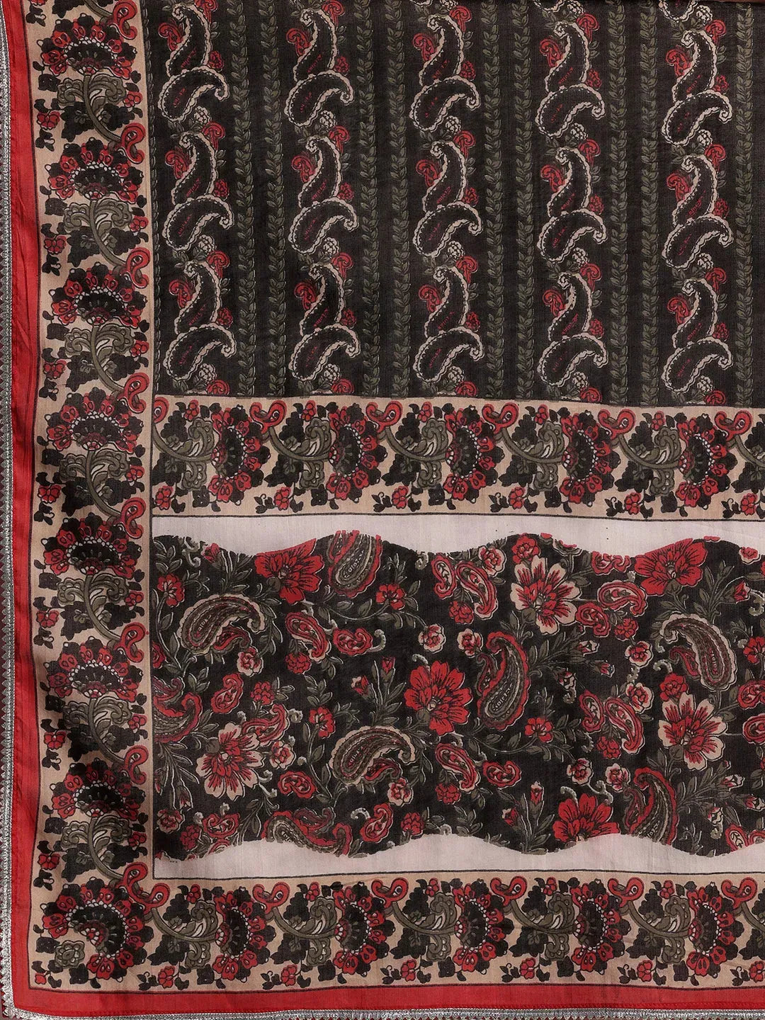  Black Printed Cotton Straight Suit With Dupatta 