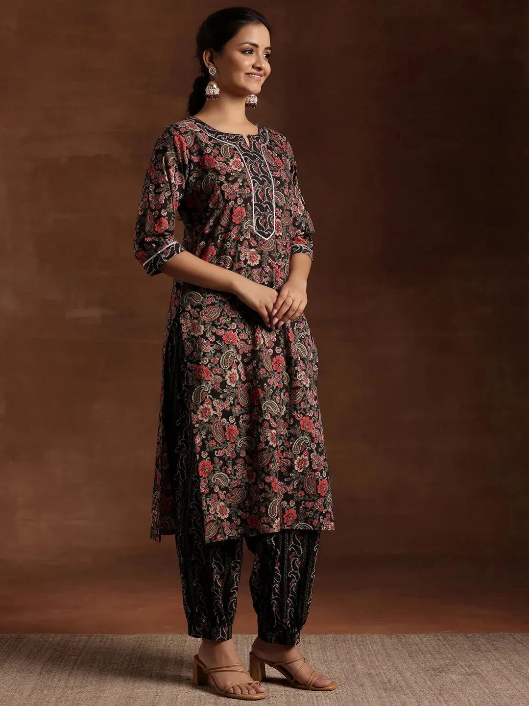  Black Printed Cotton Straight Suit With Dupatta 