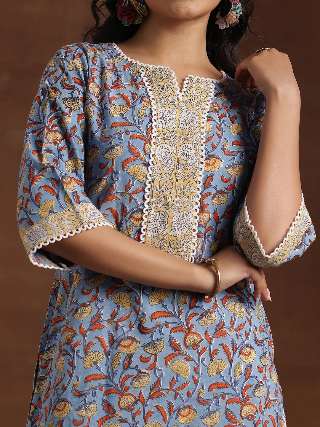  Blue Printed Cotton Straight Suit With Dupatta 