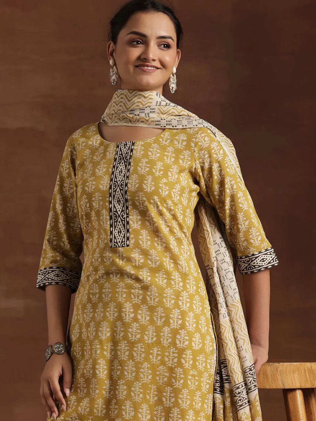  Olive Printed Cotton Straight Suit With Dupatta 