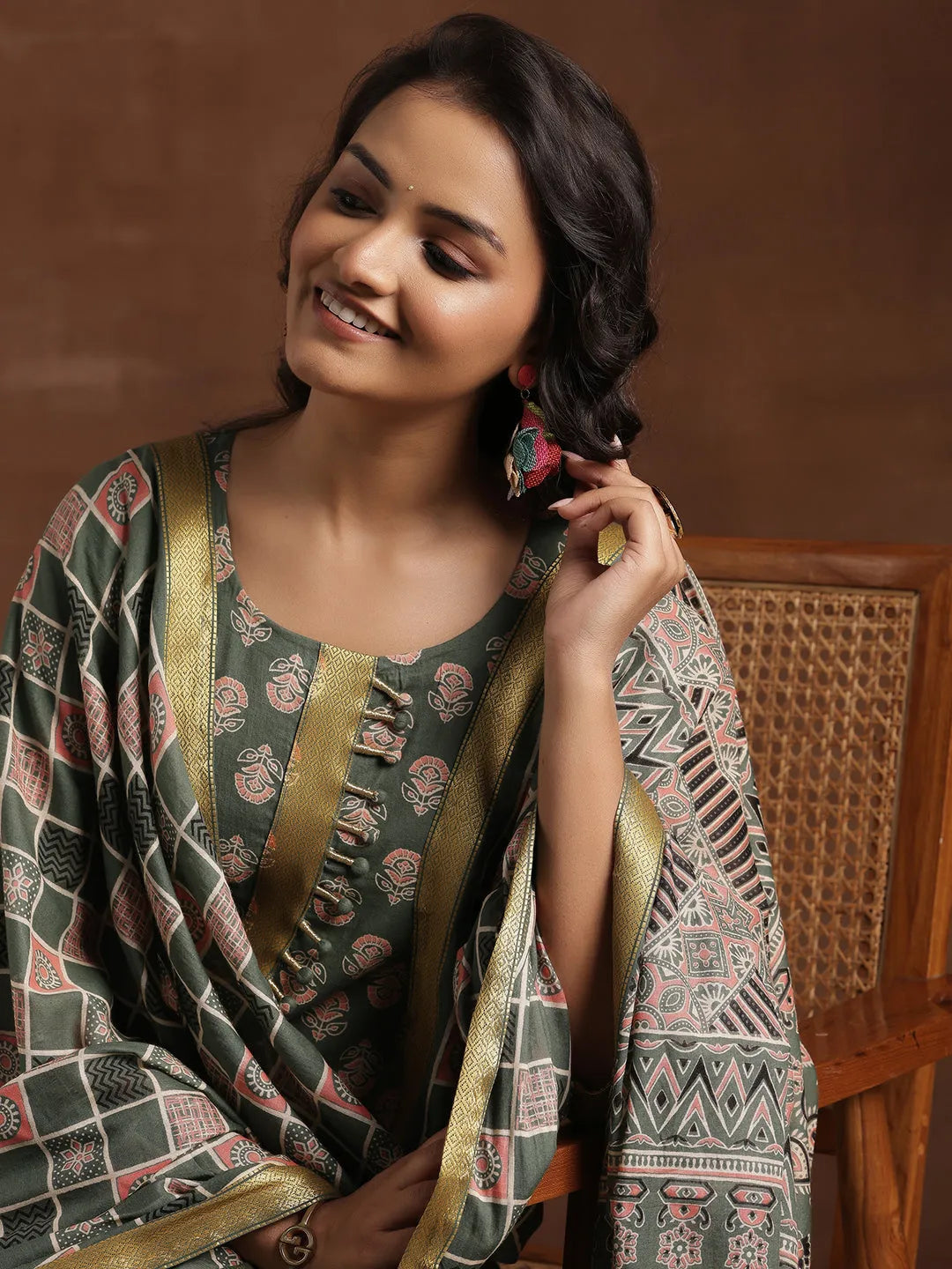  Green Printed Cotton Straight Suit With Dupatta 