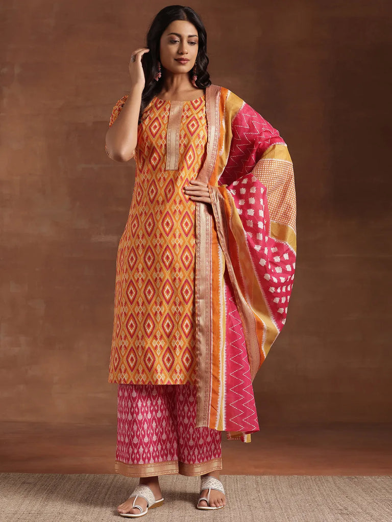 Libas Orange Printed Cotton Straight Suit With Dupatta