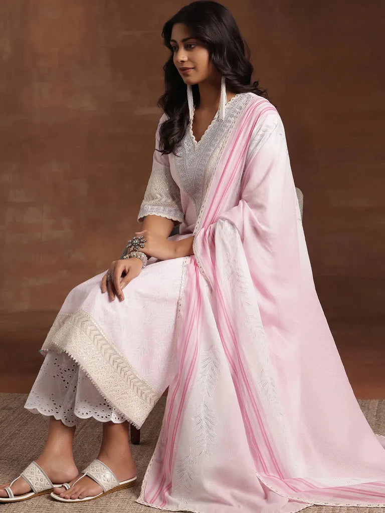 Libas Pink Printed Cotton Straight Suit With Dupatta
