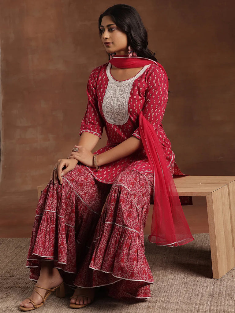 Libas Pink Printed Cotton Straight Suit With Dupatta