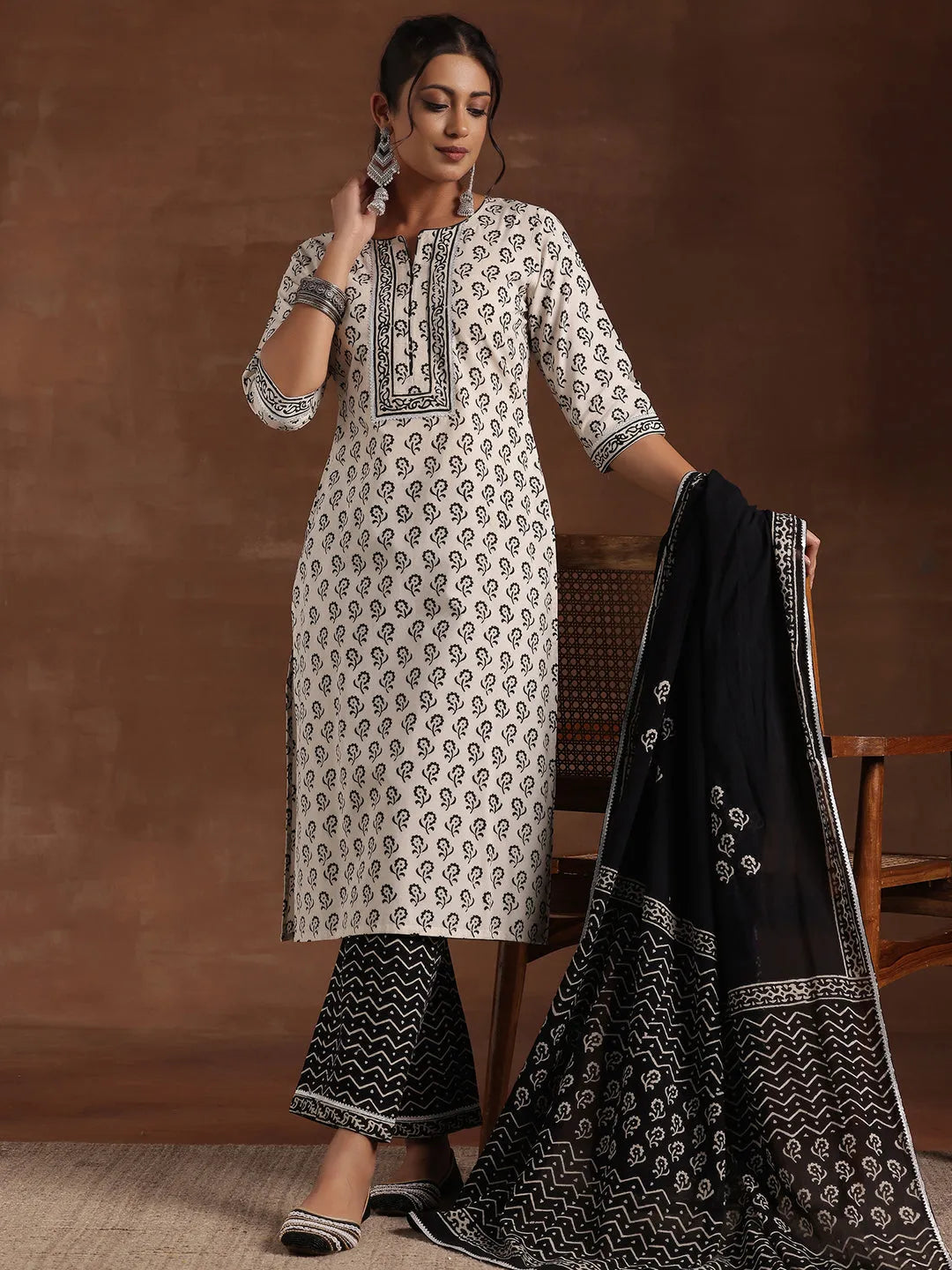  Monochrome Printed Cotton Straight Suit With Dupatta 