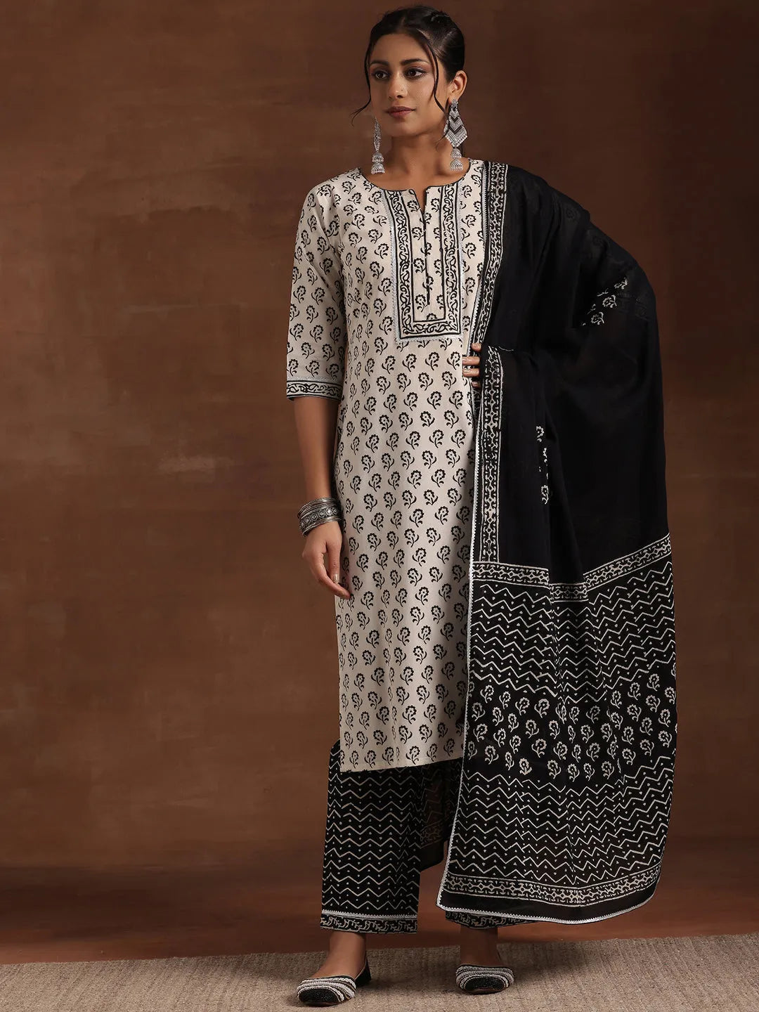  Monochrome Printed Cotton Straight Suit With Dupatta 