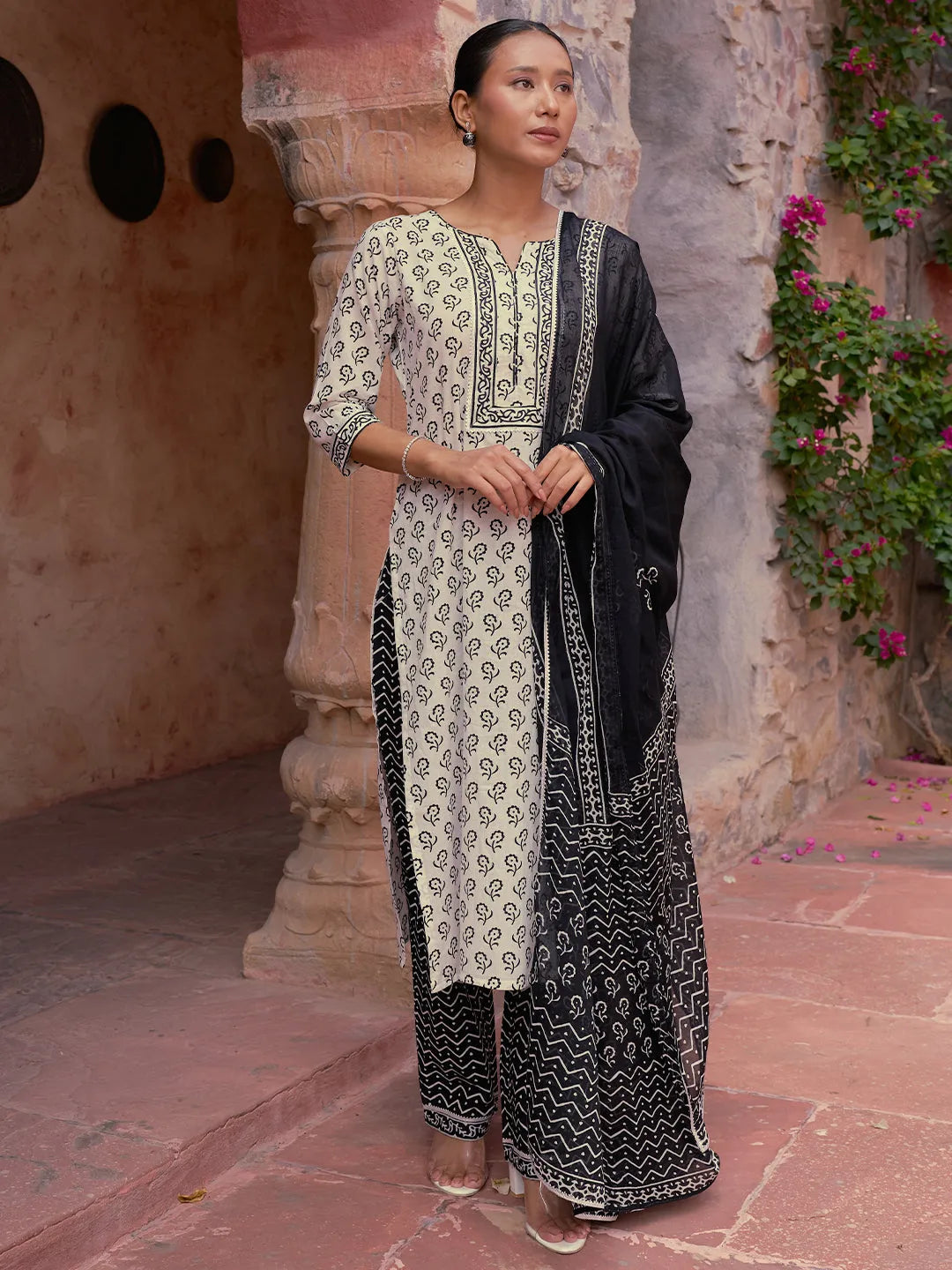  Monochrome Printed Cotton Straight Suit With Dupatta 