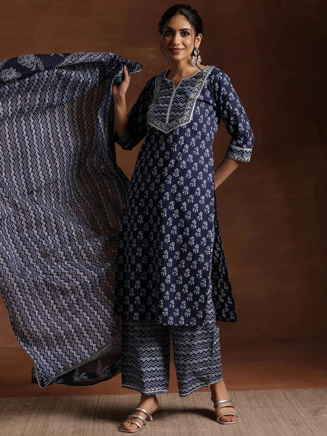  Indigo Printed Cotton Straight Suit With Dupatta 