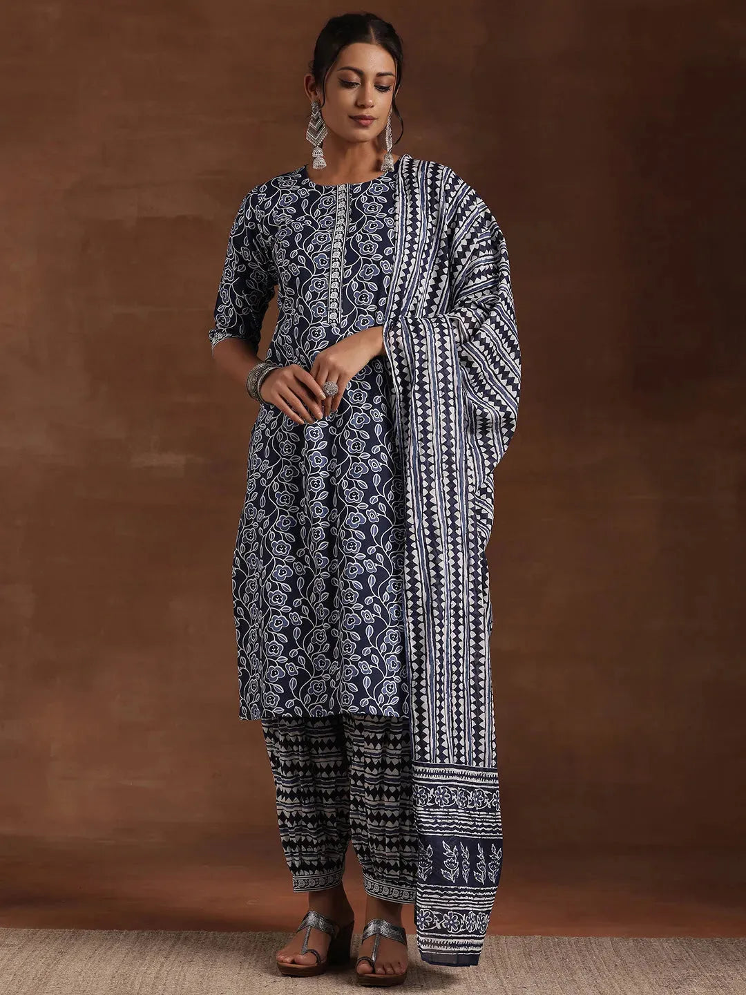Indigo Printed Cotton Straight Suit With Dupatta