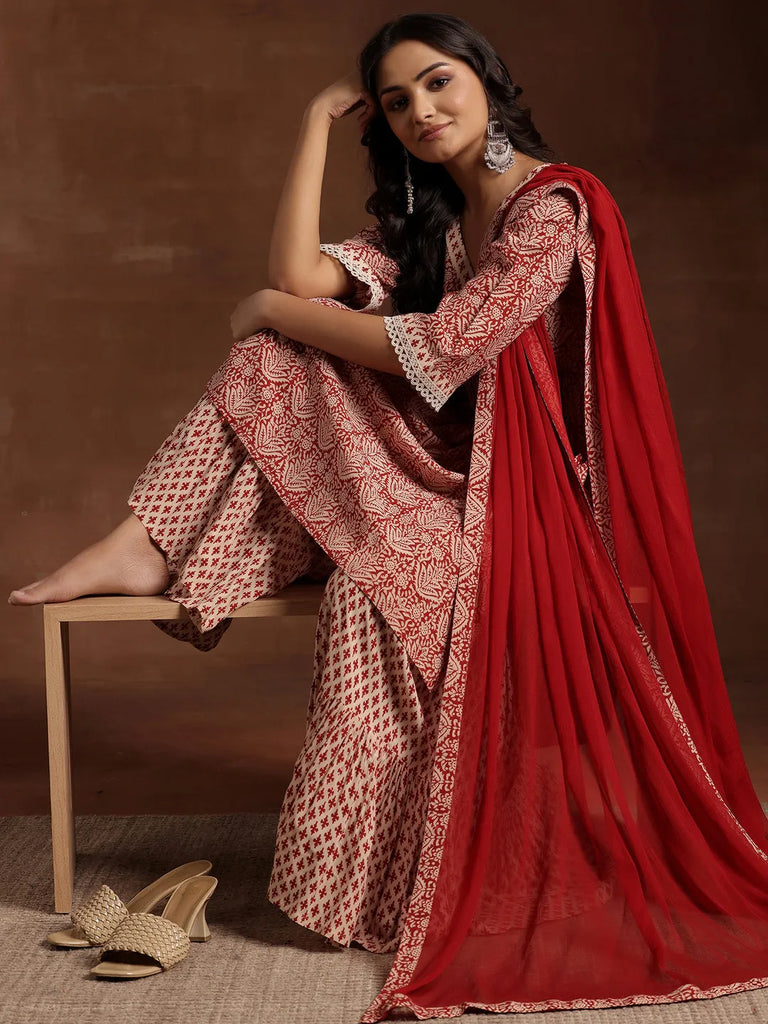 Libas Red Printed Cotton A-Line Kurta With Sharara & Dupatta