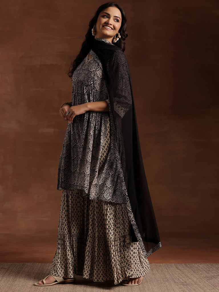 Libas Black Printed Cotton A-Line Kurta With Sharara & Dupatta