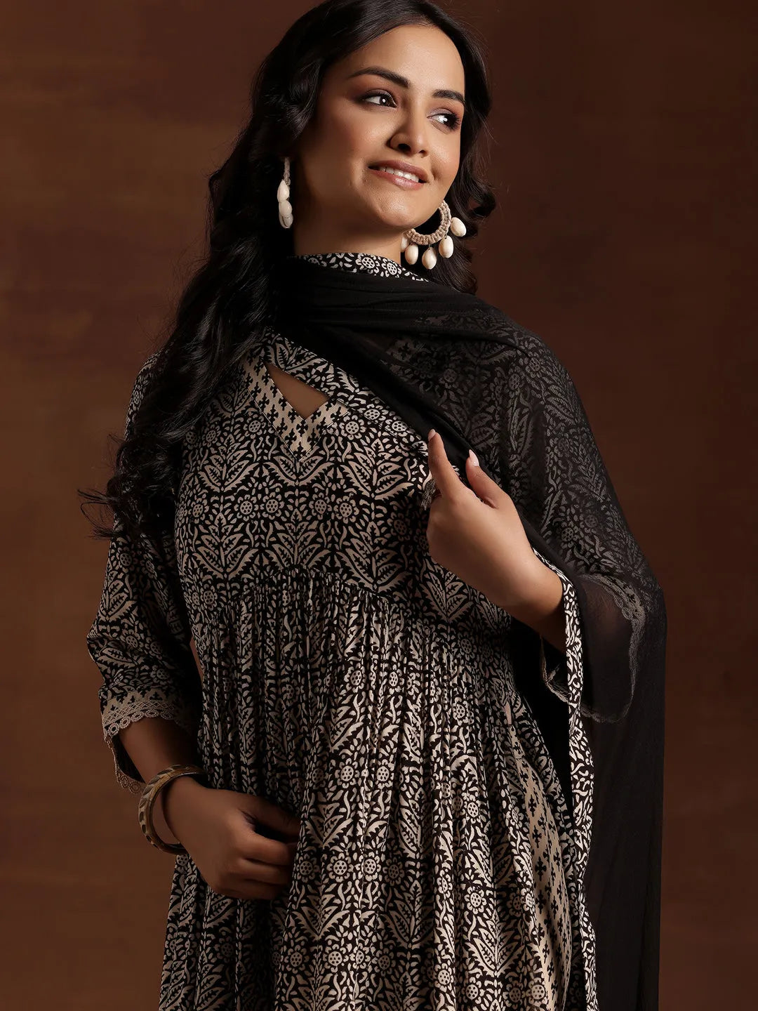  Black Printed Cotton A-Line Kurta With Sharara & Dupatta 