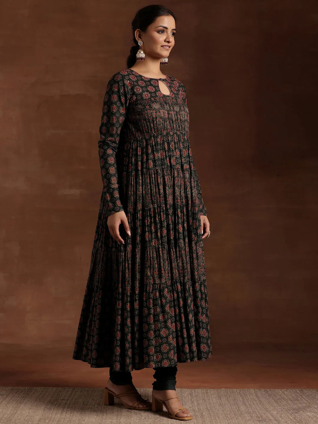  Green Printed Cotton Anarkali Suit With Dupatta 