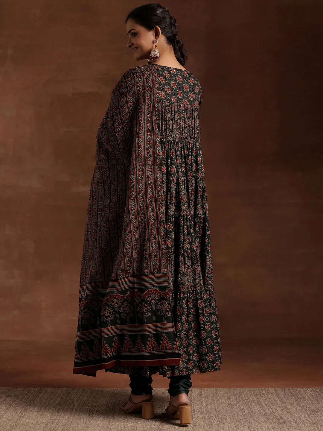  Green Printed Cotton Anarkali Suit With Dupatta 