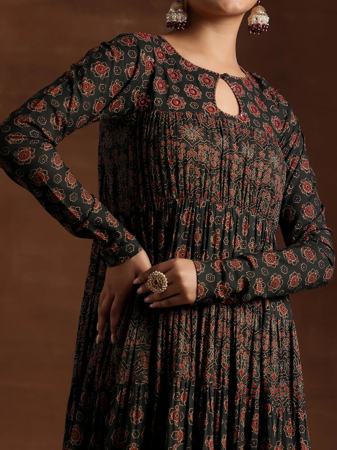  Green Printed Cotton Anarkali Suit With Dupatta 