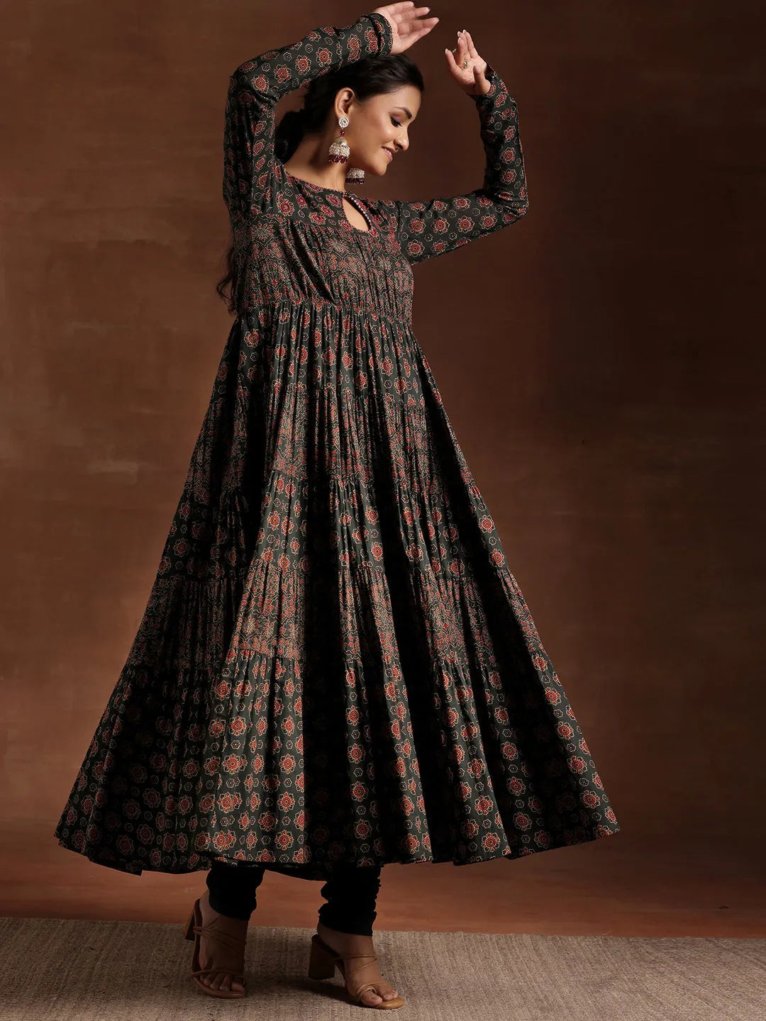  Green Printed Cotton Anarkali Suit With Dupatta 