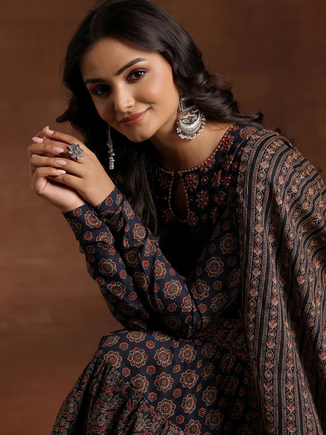  Blue Printed Cotton Anarkali Suit With Dupatta 