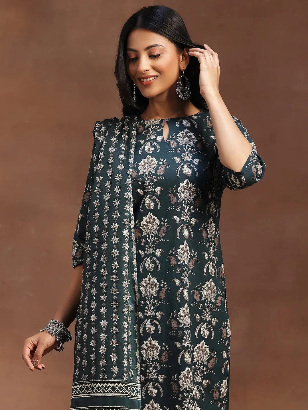  Green Printed Cotton Straight Suit With Dupatta 