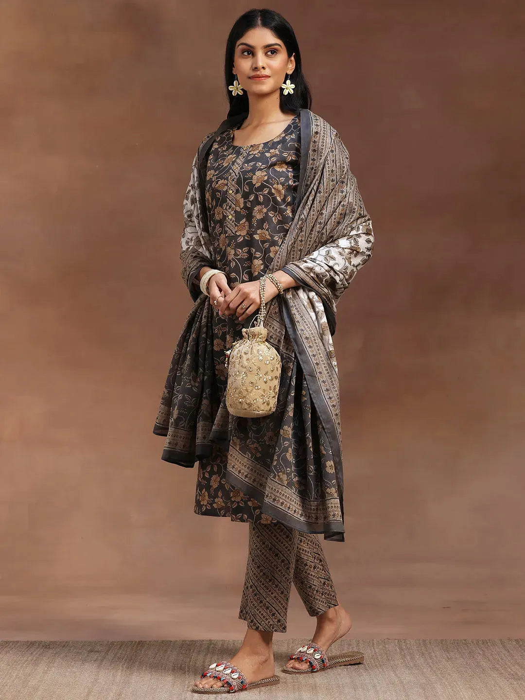  Grey Printed Cotton Straight Suit With Dupatta 