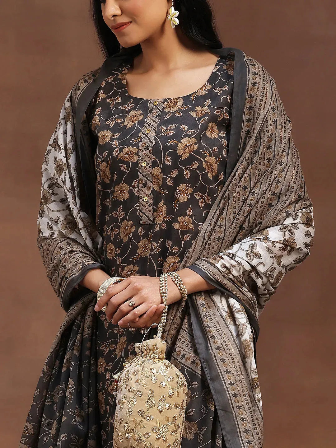  Grey Printed Cotton Straight Suit With Dupatta 