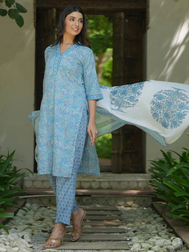 Libas Blue Printed Cotton Straight Suit With Dupatta