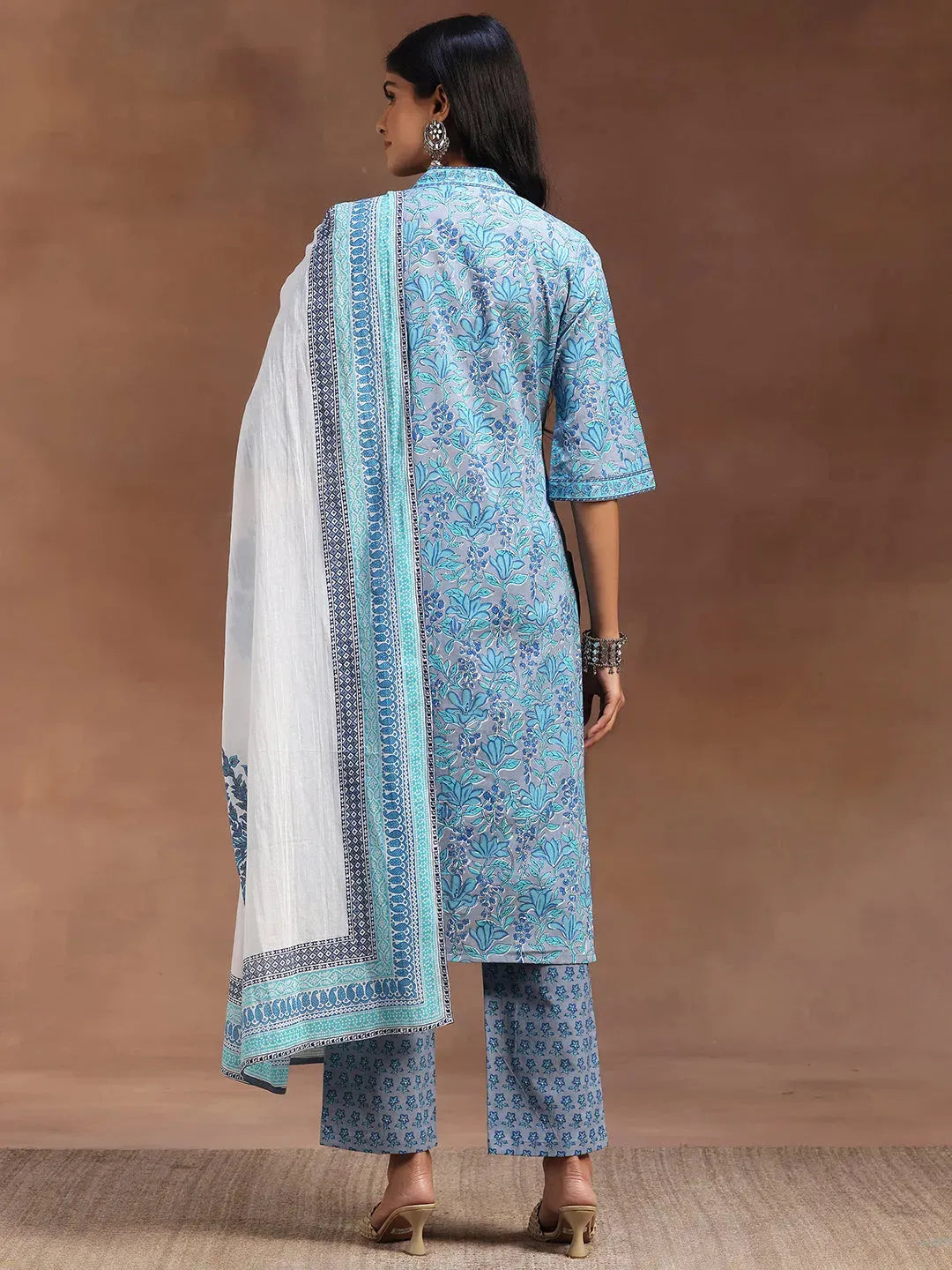  Blue Printed Cotton Straight Suit With Dupatta 