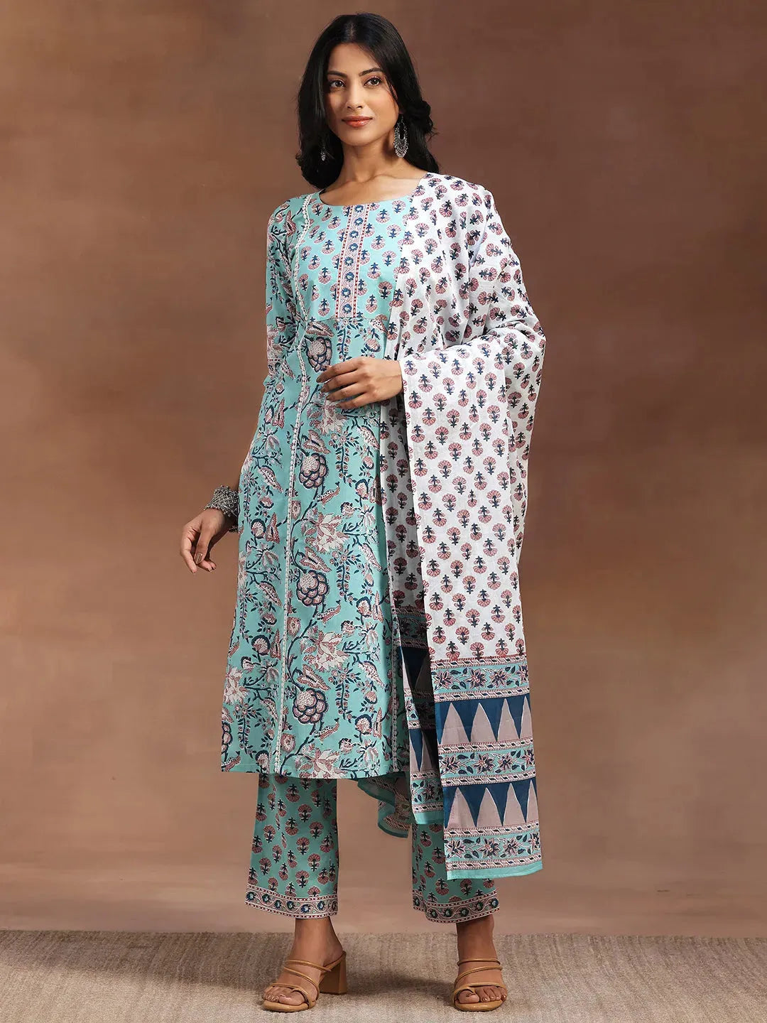  Blue Printed Cotton Straight Suit With Dupatta 